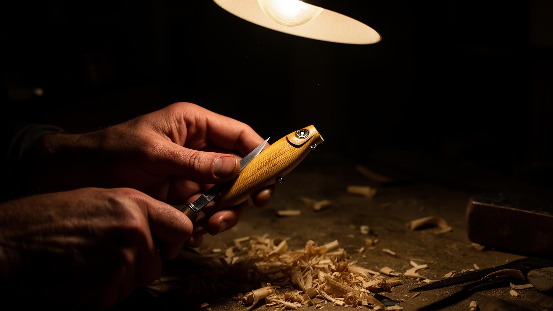 Hands carving a lure in the workshop